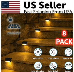 8 Pack New Solar Deck Lights Outdoor Waterproof LED Steps Lamps For Stairs Fence (Color: Black)