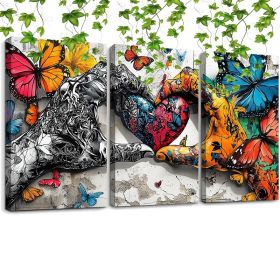 Framed 3pcs Graffiti Holding Hands Love Heart Canvas Wall Art Fashion Love Poster Painting Prints For Home Dining Room Living Room Wall Decor Art (Option: 36x24inch)