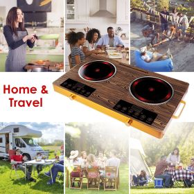 Portable Electric Double Burner 7000W, 110V Countertop Hot Plates with Smooth Heat-Resistant Glass Surface (Easy to Clean), 4 Preset Cooking Modes (Color: wood)